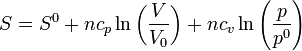 S = S^0 + nc_p\ln\left(\frac{V}{V_0}\right)+nc_v\ln\left(\frac{p}{p^0}\right)