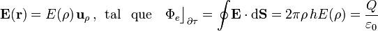 \mathbf{E}(\mathbf{r})=E(\rho)\!\ \mathbf{u}_\rho\,\mathrm{,}\,\;\,\mathrm{tal}\,\;\;\mathrm{que}\quad\Phi_e\big\rfloor_{\partial\tau}=\oint\!\mathbf{E}\cdot\mathrm{d}\mathbf{S}=2\pi\rho\!\ h E(\rho)=\frac{Q}{\varepsilon_0}