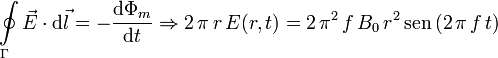 
\oint\limits_{\Gamma}\vec{E}\cdot\mathrm{d}\vec{l}
=
-\dfrac{\mathrm{d}\Phi_m}{\mathrm{d}t}
\Rightarrow
2\,\pi\,r\,E(r,t) = 2\,\pi^2\,f\,B_0\,r^2\,\mathrm{sen}\,(2\,\pi\,f\,t)
