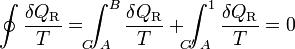 \oint\frac{\delta Q_\mathrm{R}}{T}=\int_{A\!\!\!\!\!\!\!\!\!\!\!\!C}^B\frac{\delta Q_\mathrm{R}}{T}+\int_{A\!\!\!\!\!\!\!\!\!\!\!\!\!C'}^1\frac{\delta Q_\mathrm{R}}{T}=0