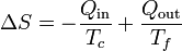 \Delta S = -\frac{Q_\mathrm{in}}{T_c}+\frac{Q_\mathrm{out}}{T_f}