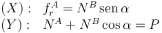 
\begin{array}{ll}
(X): & f_r^A = N^B\,\mathrm{sen}\,\alpha
\\
(Y): & N^A + N^B\cos\alpha = P
\end{array}
