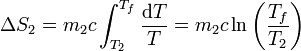 \Delta S_2 = m_2c\int_{T_2}^{T_f} \frac{\mathrm{d}T}{T}=m_2c\ln\left(\frac{T_f}{T_2}\right)