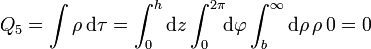 Q_5 = \int\rho\,\mathrm{d}\tau=\int_0^h\mathrm{d}z\int_0^{2\pi}\!\!\mathrm{d}\varphi\int_b^\infty \mathrm{d}\rho\,\rho\,0=0