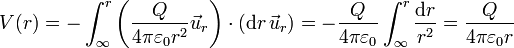 V(r) = -\int_{\infty}^r \left(\frac{Q}{4\pi\varepsilon_0 r^2}\vec{u}_r\right)\cdot(\mathrm{d}r\,\vec{u}_r)= -\frac{Q}{4\pi\varepsilon_0}\int_{\infty}^r \frac{\mathrm{d}r}{r^2} = \frac{Q}{4\pi\varepsilon_0 r}