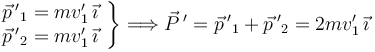 
\left.
\begin{array}{l}
\vec{p}{\,'}_1 = mv_1'\,\vec{\imath}\\
\vec{p}{\,'}_2 = mv_1'\,\vec{\imath}
\end{array}
\right\}
\Longrightarrow
\vec{P}{\,'} = \vec{p}{\,'}_1 + \vec{p}{\,'}_2 = 2mv_1'\,\vec{\imath}
