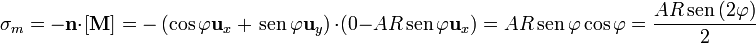 \sigma_m=-\mathbf{n}{\cdot}[\mathbf{M}]=-\left(\cos\varphi\mathbf{u}_{x}+\,\mathrm{sen}\,\varphi\mathbf{u}_{y}\right){\cdot}(0-AR\,\mathrm{sen}\,\varphi\mathbf{u}_{x})=AR\,\mathrm{sen}\,\varphi\cos\varphi=\frac{AR\,\mathrm{sen}\,(2\varphi)}{2}