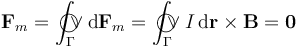 \mathbf{F}_m=\int_{\Gamma}\!\!\!\!\!\!\bigcirc\!\!\!\!\vee 
\mathrm{d}\mathbf{F}_m=\int_{\Gamma}\!\!\!\!\!\!\bigcirc\!\!\!\!\vee I\,\mathrm{d}\mathbf{r}\times\mathbf{B}=\mathbf{0}