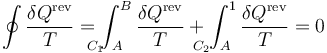 \oint\frac{\delta Q^\mathrm{rev}}{T}=\int_{A\!\!\!\!\!\!\!\!\!\!\!\!\!\!\!C_1}^B\frac{\delta Q^\mathrm{rev}}{T}+\int_{A\!\!\!\!\!\!\!\!\!\!\!\!\!\!\!\!C_2}^1\frac{\delta Q^\mathrm{rev}}{T}=0