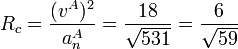 R_c = \frac{(v^A)^2}{a^A_n} = \frac{18}{\sqrt{531}} = \frac{6}{\sqrt{59}}