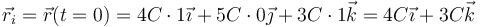 \vec{r}_i=\vec{r}(t=0)=4C\cdot 1\vec{\imath}+5C\cdot0\vec{\jmath}+3C\cdot 1\vec{k}=4C\vec{\imath}+3C\vec{k}