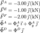 
\begin{array}{l}
\vec{F}^A = -3.00\,\vec{\jmath}\, \mathrm{(kN)}\\
\vec{F}^E = -1.00\,\vec{\jmath}\, \mathrm{(kN)}\\
\vec{F}^F = -2.00\,\vec{\jmath}\, \mathrm{(kN)}\\
\vec{\Phi}^A = \Phi^A_x\,\vec{\imath} + \Phi^A_y\,\vec{\jmath}\\
\vec{\Phi}^D = \Phi^D\,\vec{\jmath}
\end{array}
