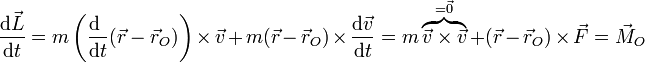\frac{\mathrm{d}\vec{L}}{\mathrm{d}t} =m\left(\frac{\mathrm{d}\ }{\mathrm{d}t}(\vec{r}-\vec{r}_O)\right)\times\vec{v}+m(\vec{r}-\vec{r}_O)\times\frac{\mathrm{d}\vec{v}}{\mathrm{d}t}=m\overbrace{\vec{v}\times\vec{v}}^{=\vec{0}}+(\vec{r}-\vec{r}_O)\times\vec{F}=\vec{M}_O