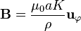 \mathbf{B} = \frac{\mu_0aK}{\rho}\mathbf{u}_{\varphi}