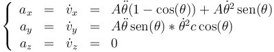 \left\{\begin{array}{rcccl}
a_x & = & \dot{v}_x & = & A\ddot{\theta}(1-\cos(\theta))+A\dot{\theta}^2\,\mathrm{sen}(\theta) \\
a_y & = & \dot{v}_y & = & A\ddot{\theta}\,\mathrm{sen}(\theta)*\dot{\theta}^2c\cos(\theta)\\
a_z & = & \dot{v}_z & = & 0\end{array}\right.