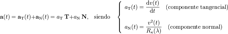 \mathbf{a}(t)=\mathbf{a}_\mathrm{T}(t)+\mathbf{a}_\mathrm{N}(t)=a_\mathrm{T}\ \mathbf{T}+a_\mathrm{N}\ \mathbf{N}\mathrm{,}\quad\mathrm{siendo}\quad\left\{\begin{array}{l}\displaystyle a_\mathrm{T}(t)=\frac{\mathrm{d}v(t)}{\mathrm{d}t}\quad\mathrm{(componente}\;\mathrm{tangencial)}\\ \\ \displaystyle a_\mathrm{N}(t)=\frac{v^2(t)}{R_\kappa(\lambda)}\quad\mathrm{(componente}\;\mathrm{normal)}\end{array}\right.