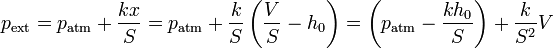 p_\mathrm{ext}=p_\mathrm{atm}+ \frac{kx}{S} = p_\mathrm{atm} + \frac{k}{S}\left(\frac{V}{S}-h_0\right)=\left(p_\mathrm{atm}-\frac{kh_0}{S}\right)+\frac{k}{S^2}V