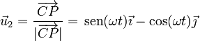 \vec{u}_2 = \frac{\overrightarrow{CP}}{|\overrightarrow{CP}|} =  \,\mathrm{sen}(\omega t)\vec{\imath}-\cos(\omega t)\vec{\jmath}