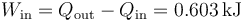 W_\mathrm{in}=Q_\mathrm{out}-Q_\mathrm{in}=0.603\,\mathrm{kJ}