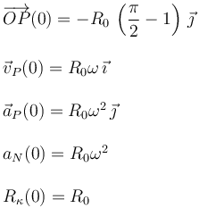 
\begin{array}{l}
\overrightarrow{OP}(0) = -R_0\,\left(\dfrac{\pi}{2}-1\right)\,\vec{\jmath}\\
\\
\vec{v}_P(0) = R_0\omega\,\vec{\imath}\\
\\
\vec{a}_P(0) = R_0\omega^2\,\vec{\jmath}\\
\\
a_N(0) = R_0\omega^2\\
\\
R_{\kappa}(0) = R_0
\end{array}
