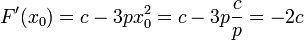 F'(x_0) = c - 3px_0^2 = c-3p\frac{c}{p}=-2c