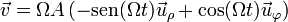 \vec{v}=\Omega A\left(-\mathrm{sen}(\Omega t)\vec{u}_\rho+\cos(\Omega t)\vec{u}_\varphi\right)