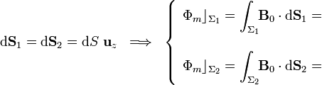 \mathrm{d} \mathbf{S}_1=\mathrm{d} \mathbf{S}_2=\mathrm{d}S\  \mathbf{u}_z\;\;\Longrightarrow\;\;\left\{\begin{array}{l}\displaystyle
\Phi_m\rfloor_{\Sigma_1}=\int_{\Sigma_1}\!\!\mathbf{B}_0\cdot\mathrm{d}
\mathbf{S}_1= \\ \\ \displaystyle\Phi_m\rfloor_{\Sigma_2}=\int_{\Sigma_2}\!\!\mathbf{B}_0\cdot\mathrm{d}
\mathbf{S}_2=
\end{array}\right.
