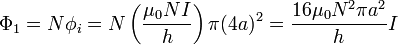 \Phi_1= N\phi_i = N\left(\frac{\mu_0NI}{h}\right)\pi (4a)^2 = \frac{16\mu_0N^2\pi a^2}{h}I