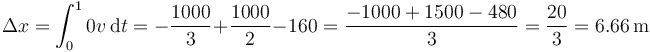 \Delta x = \int_0^10 v\,\mathrm{d}t = -\frac{1000}{3}+\frac{1000}{2}-160 = \frac{-1000+1500-480}{3}=\frac{20}{3}=6.66\,\mathrm{m}