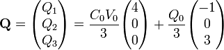 \mathbf{Q}=\begin{pmatrix}Q_1\\ Q_2\\Q_3\end{pmatrix}=\frac{C_0V_0}{3}\begin{pmatrix}4\\0\\0\end{pmatrix}+\frac{Q_0}{3}\begin{pmatrix} -1 \\ 0 \\ 3\end{pmatrix}