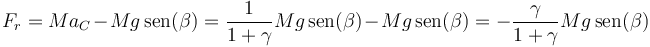 F_r = Ma_C-Mg\,\mathrm{sen}(\beta) = \frac{1}{1+\gamma}Mg\,\mathrm{sen}(\beta)-Mg\,\mathrm{sen}(\beta) = -\frac{\gamma}{1+\gamma}Mg\,\mathrm{sen}(\beta)