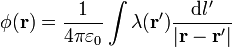 \phi(\mathbf{r})=\frac{1}{4\pi\varepsilon_0}\int \lambda(\mathbf{r}')\frac{\mathrm{d}l'}{|\mathbf{r}-\mathbf{r}'|}