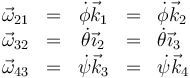 \begin{array}{rcccl}
\vec{\omega}_{21}&=& \dot{\phi}\vec{k}_1 & =& \dot{\phi}\vec{k}_2 \\
\vec{\omega}_{32}&=& \dot{\theta}\vec{\imath}_2 & =& \dot{\theta}\vec{\imath}_3 \\
\vec{\omega}_{43}&=& \dot{\psi}\vec{k}_3 & =& \dot{\psi}\vec{k}_4 
\end{array}