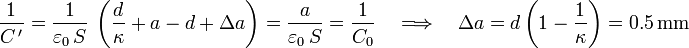 \frac{1}{C\!\ '}=\frac{1}{\varepsilon_0 \!\ S}\ \left(
\frac{d}{\kappa}+a-d+\Delta a\right)=\frac{a}{\varepsilon_0 \!\ S}=\frac{1}{C_0}\quad\Longrightarrow\quad\Delta a=d\left(1-\frac{1}{\kappa}\right)=0.5\,\mathrm{mm}\,
