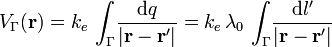 V_\Gamma(\mathbf{r})=k_e\!\ \int_\Gamma\! \frac{\mathrm{d}q}{|\mathbf{r}-\mathbf{r}^\prime|}=k_e\!\  \lambda_0\!\ \int_\Gamma\! \frac{\mathrm{d}l^\prime}{|\mathbf{r}-\mathbf{r}^\prime|}