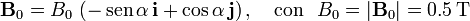 \mathbf{B}_0=B_0\!\ \left(-\,\mathrm{sen}\,\alpha\!\ \mathbf{i}+\cos\alpha\!\ \mathbf{j}\right)\mathrm{,}\quad\,\mathrm{con}\,\;\;B_0=|\mathbf{B}_0|=0.5\,\mathrm{T}\,