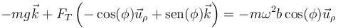 -mg\vec{k}+F_T\left(-\cos(\phi)\vec{u}_\rho+\mathrm{sen}(\phi)\vec{k}\right)=-m\omega^2b\cos(\phi)\vec{u}_\rho