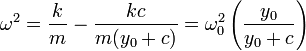 \omega^2=\frac{k}{m}-\frac{kc}{m(y_0+c)}=\omega_0^2\left(\frac{y_0}{y_0+c}\right)