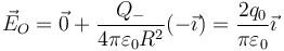 \vec{E}_O=\vec{0}+\frac{Q_-}{4\pi\varepsilon_0 R^2}(-\vec{\imath})=\frac{2q_0}{\pi\varepsilon_0}\vec{\imath}