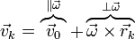 \vec{v}_k = \overbrace{\vec{v}_0}^{\parallel\vec{\omega}} + \overbrace{\vec{\omega}\times\vec{r}_k}^{\perp\vec{\omega}}