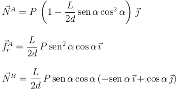 
\begin{array}{l}
\vec{N}^A = P\,\left(1-\dfrac{L}{2d}\,\mathrm{sen}\,\alpha\cos^2\alpha\right)\,\vec{\jmath}
\\ \\
\vec{f}^A_r = \dfrac{L}{2d}\,P\,\mathrm{sen}^2\,\alpha\cos\alpha\,\vec{\imath}
\\ \\
\vec{N}^B =  \dfrac{L}{2d}\,P\,\mathrm{sen}\,\alpha\cos\alpha\,(-\mathrm{sen}\,\alpha\,\vec{\imath} + \cos\alpha\,\vec{\jmath})
\end{array}
