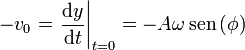 -v_0=\left.\frac{\mathrm{d}y}{\mathrm{d}t}\right|_{t=0}=-A\omega\,\mathrm{sen}\,(\phi)