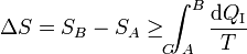 \Delta S = S_B -S_A \ge  \int_{A\!\!\!\!\!\!\!\!\!\!\!\!C}^B\frac{\mathrm{d}Q_\mathrm{I}}{T}