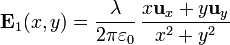 \mathbf{E}_1(x,y) = \frac{\lambda}{2\pi \varepsilon_0}\,\frac{x\mathbf{u}_x+y\mathbf{u}_y}{x^2+y^2}