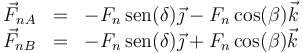 \begin{array}{rcl}
\vec{F}_{nA} & = &  -F_n\,\mathrm{sen}(\delta)\vec{\jmath}-F_n\cos(\beta)\vec{k}\\ 
\vec{F}_{nB} & = &  -F_n\,\mathrm{sen}(\delta)\vec{\jmath}+F_n\cos(\beta)\vec{k}
\end{array}