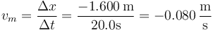 v_m=\frac{\Delta x}{\Delta t}=\frac{-1.600\,\mathrm{m}}{20.0\mathrm{s}}=-0.080\,\frac{\mathrm{m}}{\mathrm{s}}