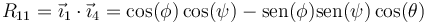 R_{11}=\vec{\imath}_1\cdot\vec{\imath}_4=\cos(\phi)\cos(\psi)-\mathrm{sen}(\phi)\mathrm{sen}(\psi)\cos(\theta)