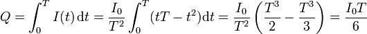 Q = \int_0^T I(t)\,\mathrm{d}t = \frac{I_0}{T^2}\int_0^T (tT-t^2)\mathrm{d}t = \frac{I_0}{T^2}\left(\frac{T^3}{2}-\frac{T^3}{3}\right) = \frac{I_0T}{6}