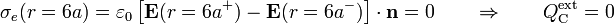 \sigma_e(r=6a)=\varepsilon_0 \left[\mathbf{E}(r=6a^+)-\mathbf{E}(r=6a^-)\right]\cdot\mathbf{n}=0\qquad\Rightarrow\qquad Q_\mathrm{C}^\mathrm{ext}=0