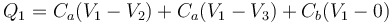 Q_1 = C_a(V_1-V_2)+C_a(V_1-V_3)+C_b (V_1-0)\,